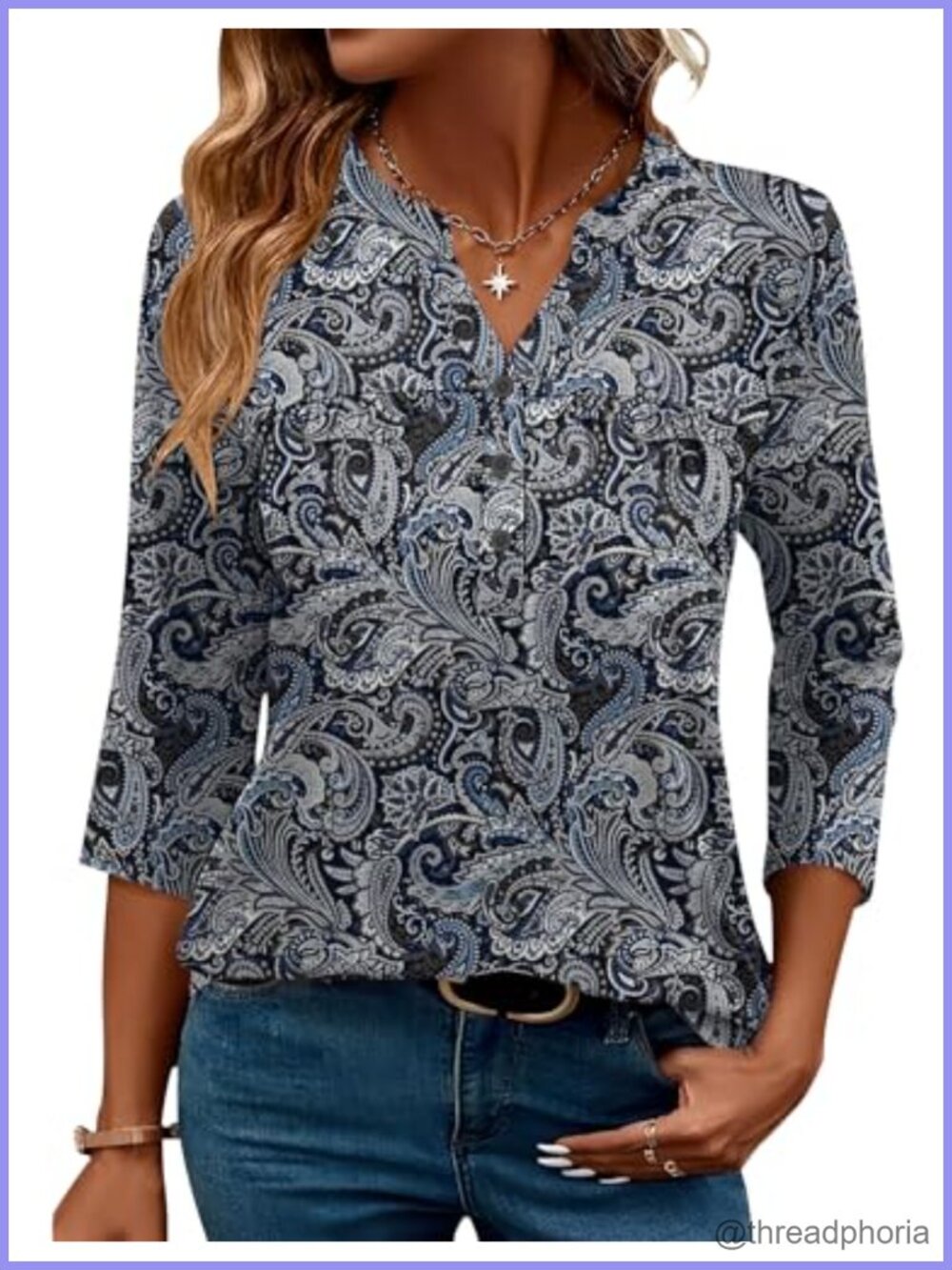 Womens 3/4 Sleeve Button Down V Neck Tunic Blouse Pleated Casual Top